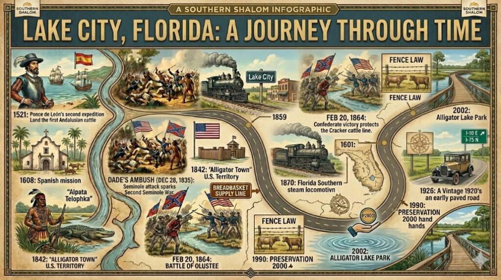 A historical infographic titled "Lake City, Florida: A Journey Through Time" by Southern Shalom. The graphic features a winding road acting as a timeline, starting from the arrival of Spanish cattle in 1521 and winding through key events like the establishment of Spanish missions, Chief Alligator’s Seminole settlement, the 1835 Dade Ambush, the 1864 Battle of Olustee, and the end of the Florida open range. The timeline concludes with modern milestones like the 2002 opening of Alligator Lake Park and a vintage 1920s car on an early paved road, set against a backdrop of Florida wetlands and historical sketches.