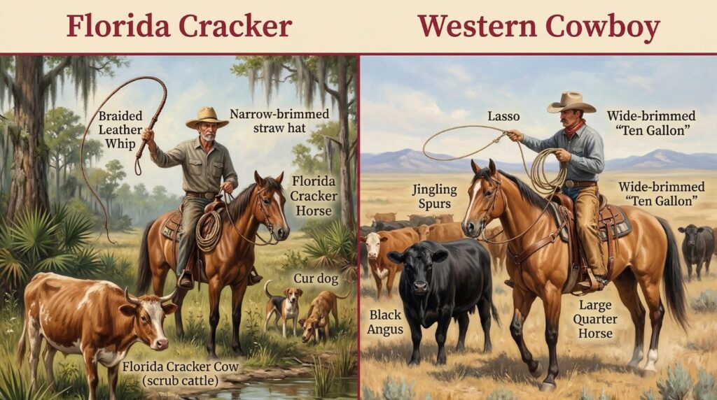 An illustration compares a Florida Cracker and a Western Cowboy in two side-by-side panels. On the left, a Florida Cracker in a narrow-brimmed straw hat rides a small Cracker horse through a swampy landscape with palmettos, holding a long braided leather whip and accompanied by cur dogs and a lean scrub cow. On the right, a Western Cowboy in a wide-brimmed ten-gallon hat rides a large Quarter horse on the open plains, holding a lasso near a herd of Black Angus cattle.