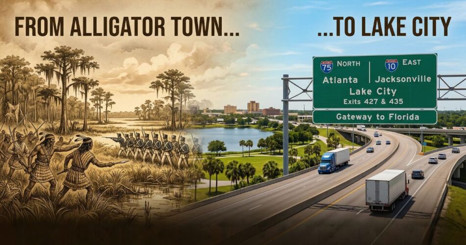 A split-screen graphic titled "From Alligator Town... To Lake City" and "The History of the Gateway City." The left side shows a sepia-toned historical sketch of Seminole warriors and U.S. soldiers in a cypress swamp. The right side shows a modern, vibrant photo of the I-75 and I-10 highway interchange in Florida with a green road sign reading "Lake City: Gateway to Florida."