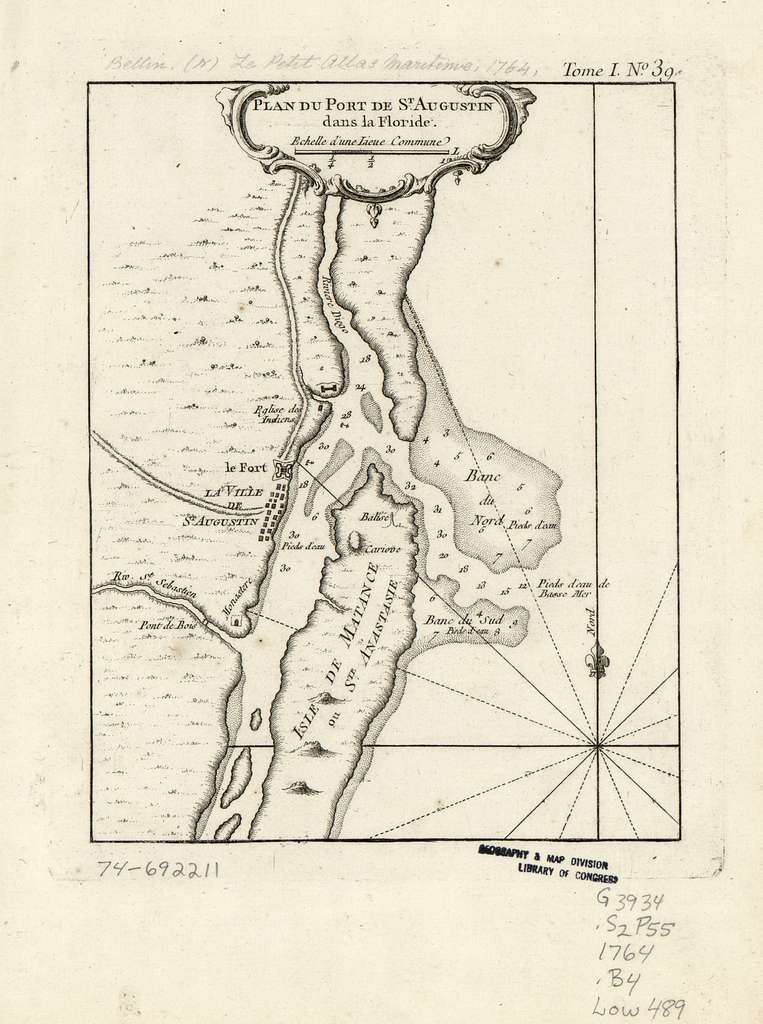 1764 historical map of the Port of St. Augustine, Florida, by Jacques Nicolas Bellin, sourced from the Library of Congress.